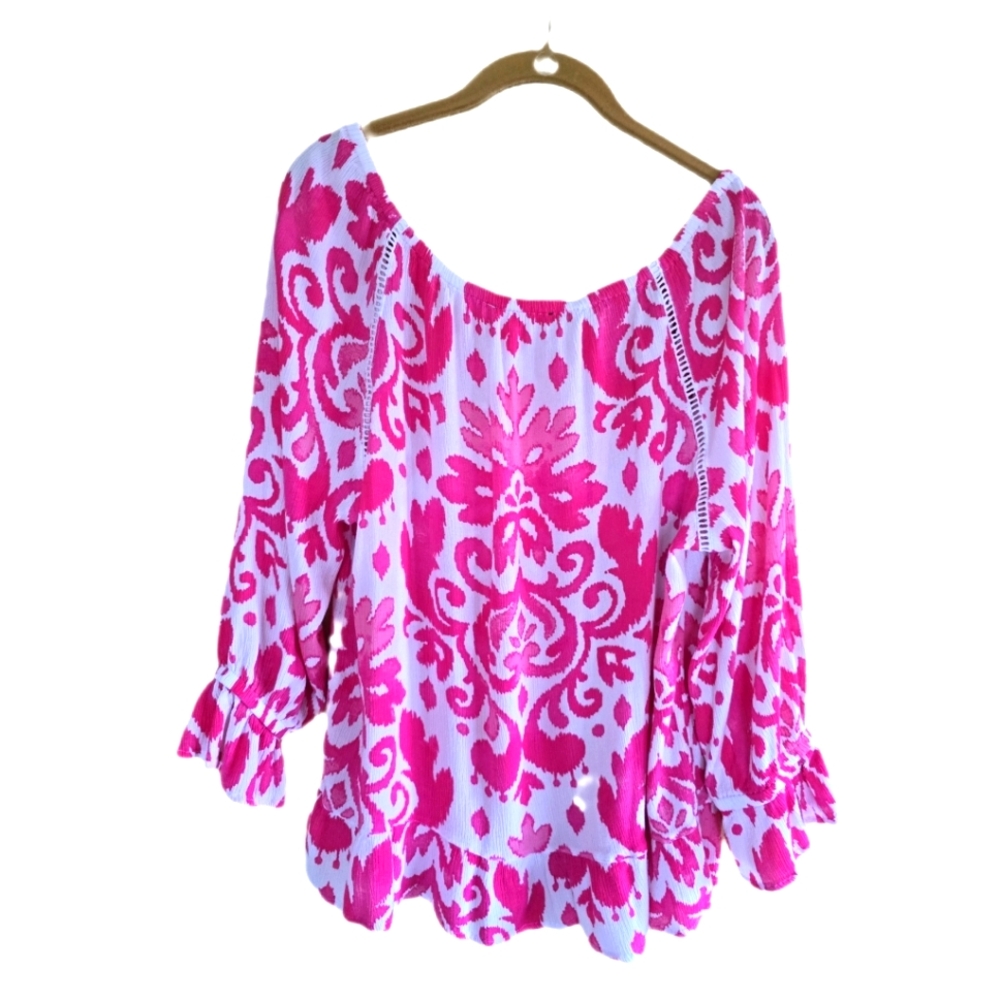 Breezy INC Blouson-Sleeve Garden Party Ladder Stitch Peasant Top Clear‎ Pink - Picture 2 of 7